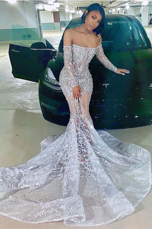 Closeout Long Sleeve Off The Shoulder Silver Black Girl Prom Dresses Mermaid Sexy Illusion Beads Crystals Evening Gowns Cheap,DS4575