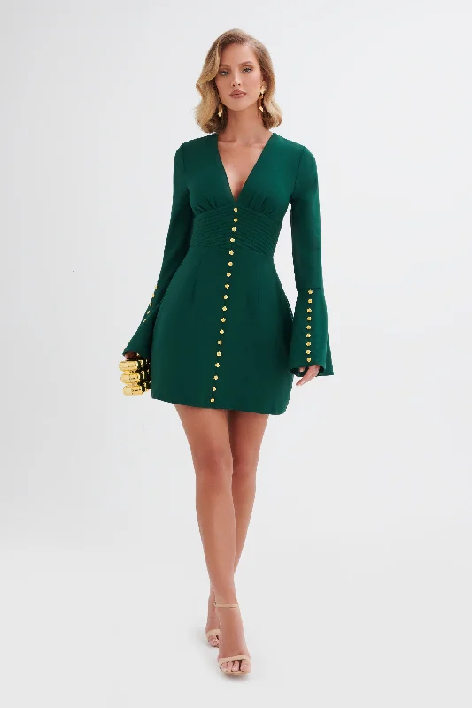 v-neck dressLARA Fluted Sleeve Rose Button Mini Dress in Emerald Green