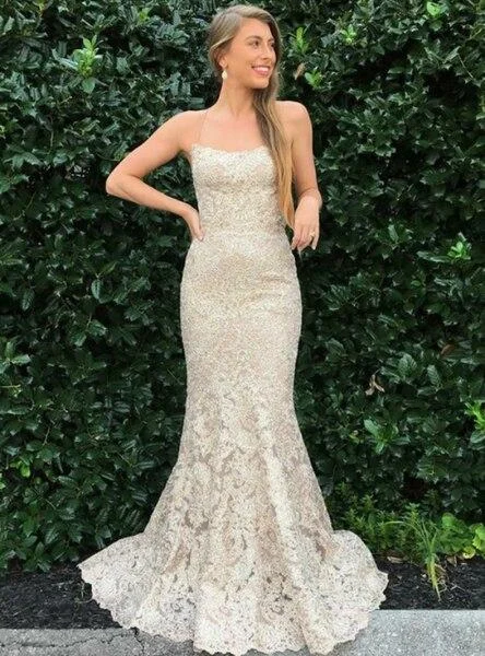 Instant Discount LONG CHAMPAGNE MERMAID LACE SPAGHETTI STRAPS PROM DRESS,DS2982