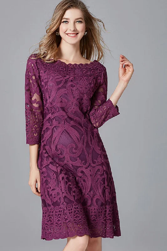 Deep Discounts THREE QUARTER SLEEVE EMBROIDERED MIDI DRESS