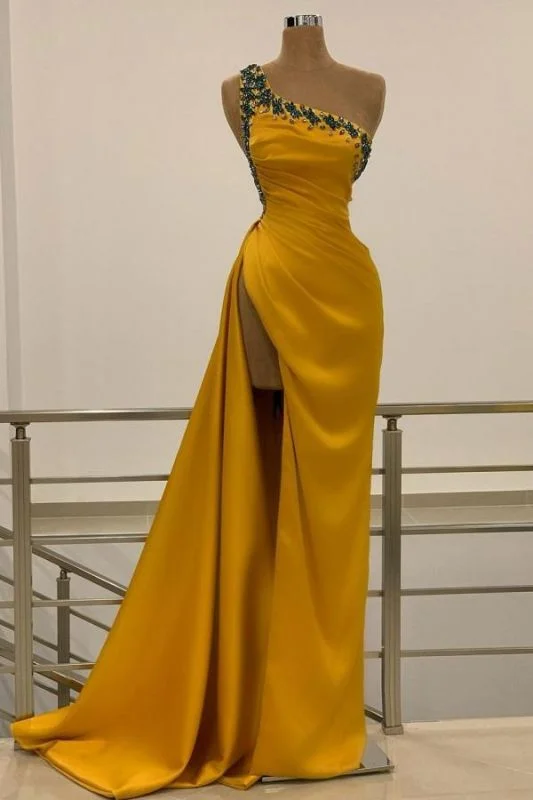 Seasonal Clearance One Shoulder Yellow Slit Prom Dress Long With Beads,DS2785