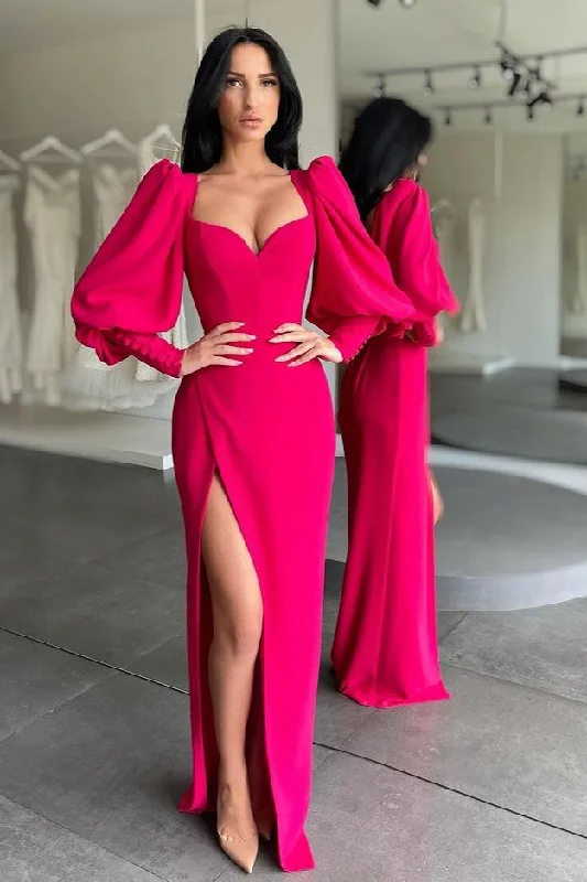 Midnight Sale Fuchsia Long Sleeves Sweetheart Prom Dress Split Party Gowns,DS3256