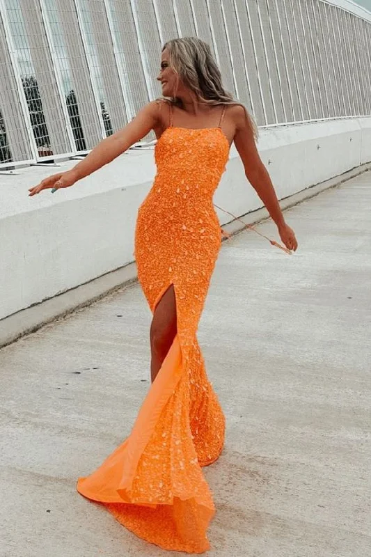 casual day dresssparkle mermaid orange sequins long prom dress with slit  ,DS4495