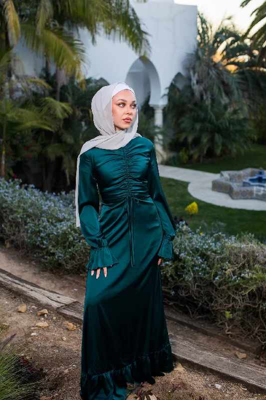 Seasonal Sale Evie Ruched Satin Dress- Jade Green