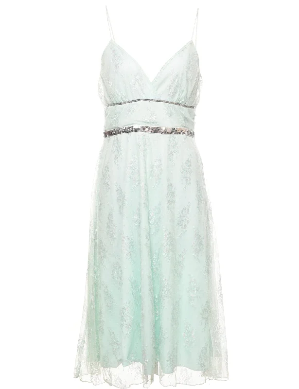 Light Green & Silver Lace Y2K Evening Dress - L