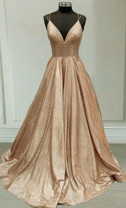 Price Reduction Sparkly prom dresses champagne gold ball gown v neck with multi straps ,DS4077