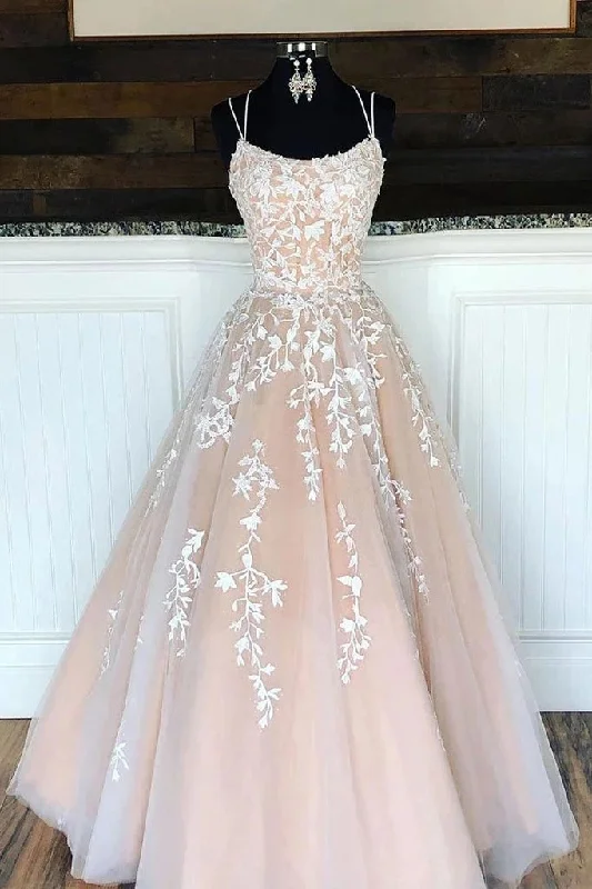 New Deals Unique Spaghetti Straps A Line Lace Appliques Tulle Lace up Pink Prom Dresses,DS4046