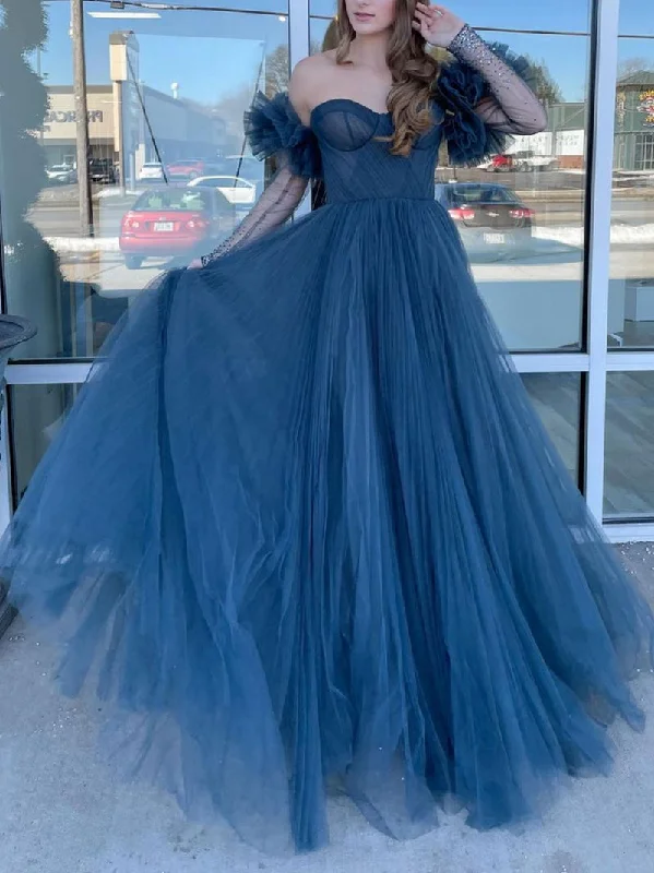 Overstock GRAY BLUE TULLE LONG PROM DRESS, BLUE LONG SLEEVES EVENING DRESS,F04759