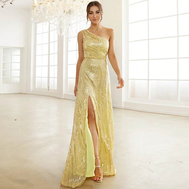 Huge Discounts Daphne Single Shoulder Sequin Slit Maxi Dress