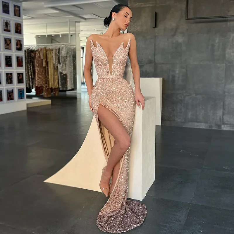 chic dressBACK TO SCHOOL OUTFIT SPARKLE EVENING DRESSES 2022 LUXURY LONG V-NECK SIMPLE MERMAID PROM GOWNS SLEEVELESS SIDE SPLIT SEXY ELEGANT FORMAL PARTY DRESS,DS5139