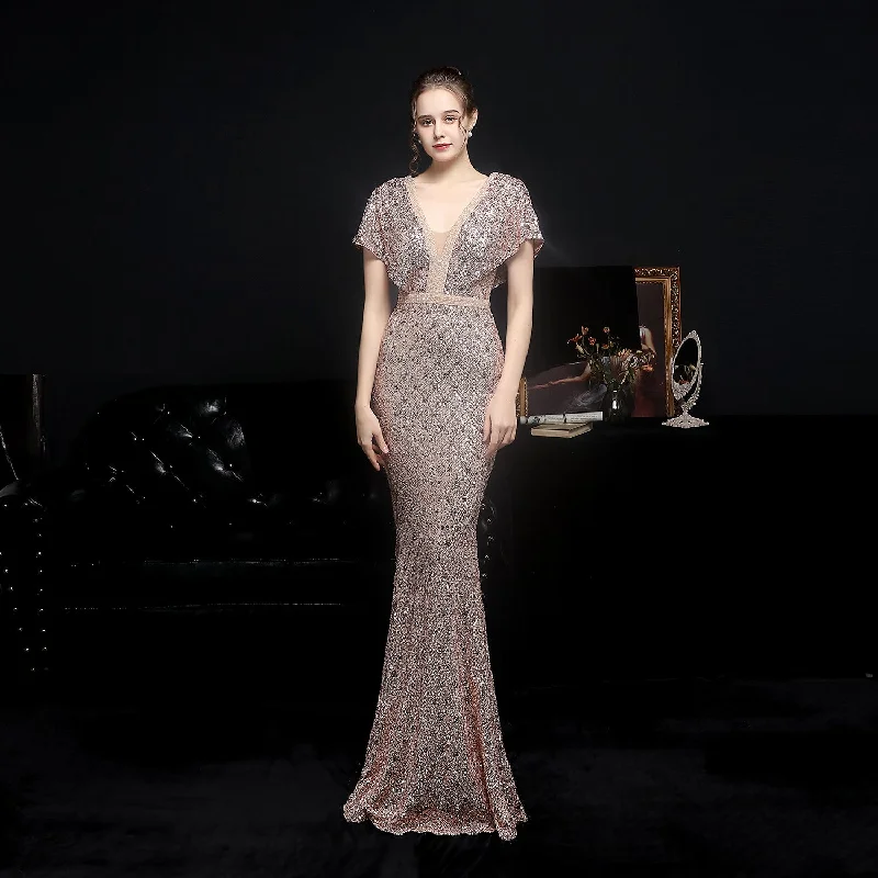 Savings Alert Jessica Batwing Sleeve Double V-neck Sequin Mermaid Dress