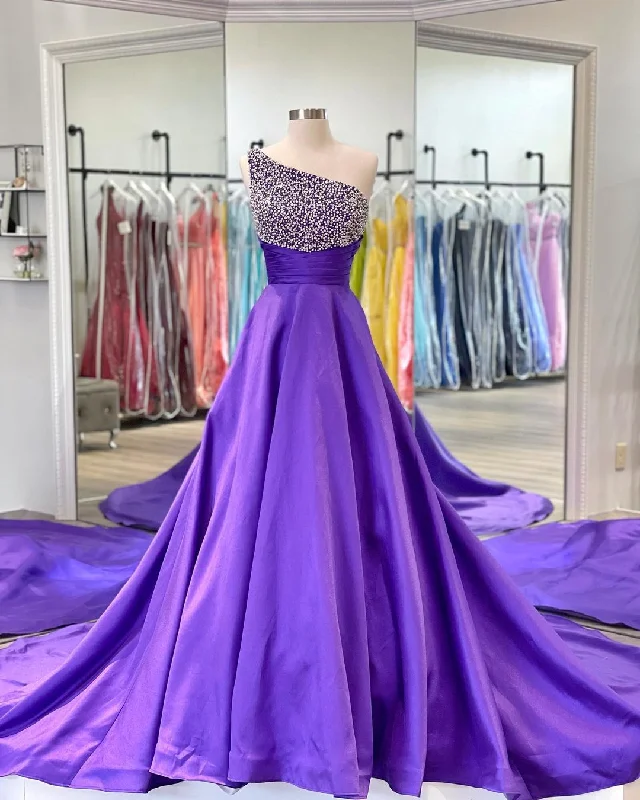 Price Reduction Beaded One Shoulder Purple Long Prom Dress,DS3160