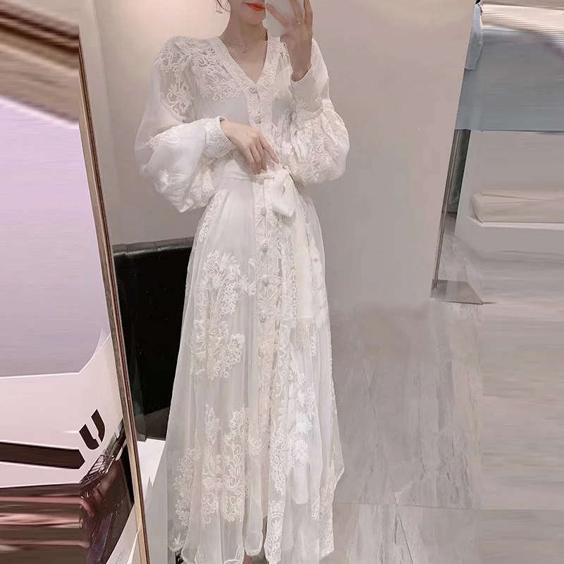 Price Buster Elegant White Floral Lace Dress with Long Sleeves