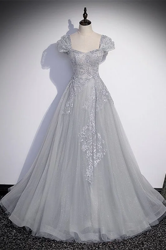 Midnight Madness Silver A-line Long Prom Dress with Cap Sleeves,DS3471