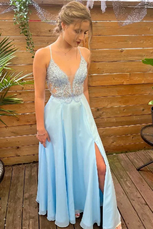 casual knit dressLight Blue Lace Plunge Neck A-Line Prom Dress with Slit,DP051