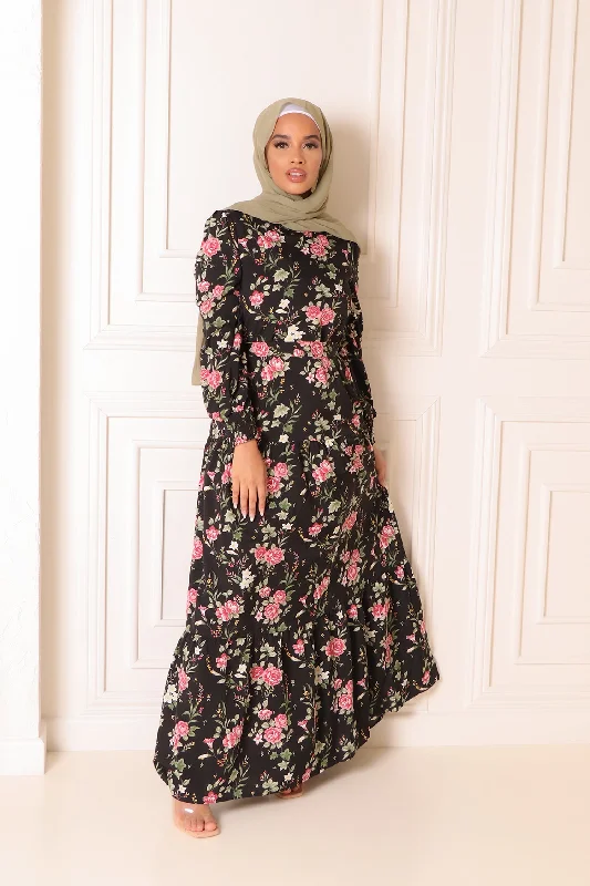 Take Advantage Nova Smock Floral Satin Dress- Black