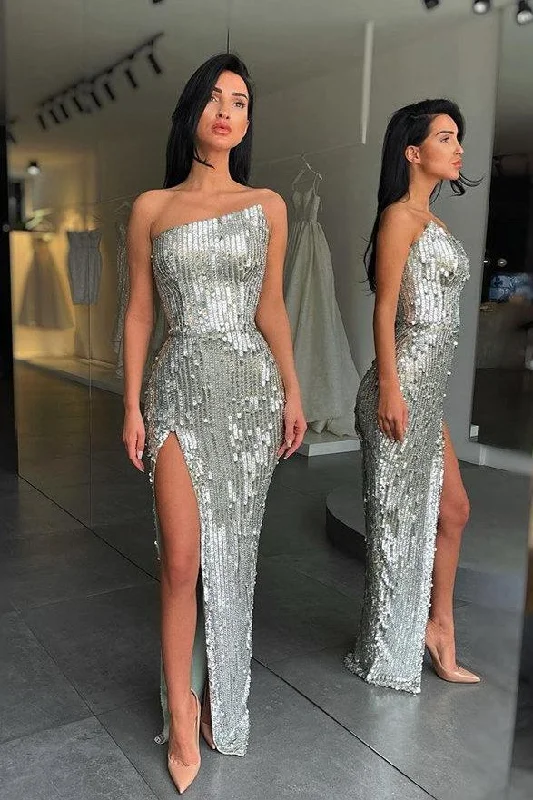 Deal of the Day FASHION SILVER SEQUIN ASYMMETRIC NECKLINE HIGH SPLIT PROM DRESS,DS3512