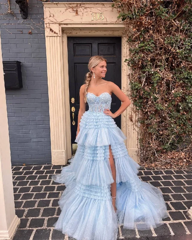 elegant evening dressLight Blue Multi-Layers Strapless Appliques A-line Tulle Long Prom Dress,DP031