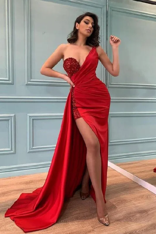 Early Access SEXY RED ONE SHOULDER SLIT PROM DRESS LONG WITH SEQUINS BEADINGS,DS3504