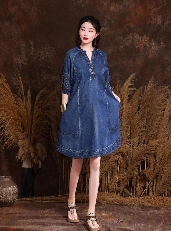 Bargain Prices Autumn Denim Embroidery V Neck Women Dresses
