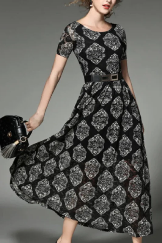 Weekend Deal Short Sleeve Printed Lace Long Dress