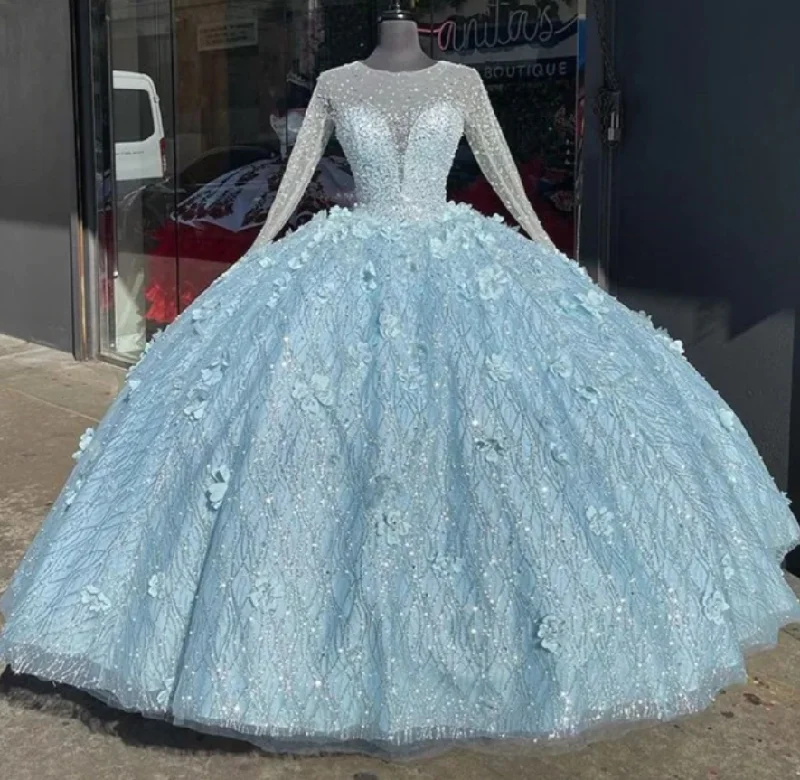 classic fit-and-flare dressLight Blue Quinceanera Dresses O-Neck Long Sleeve Lace Sequined Flowers Sweet 16 Ball Gown Tulle Party Princess,DS4411