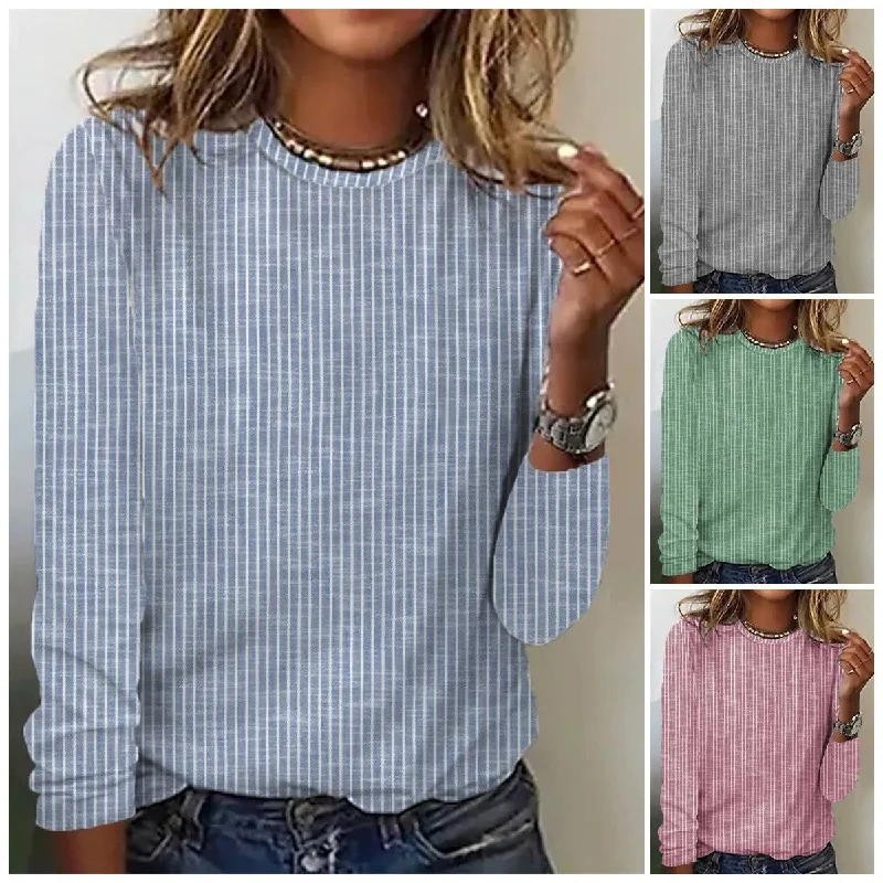 New Deals Loose Solid Color Striped Round Neck T-shirt For Women