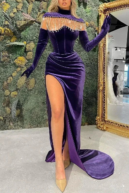 Referral Discount REGENCY LONG SLEEVES HIGH NECK PROM DRESS MERMAID LONG WITH SLIT,DS3500
