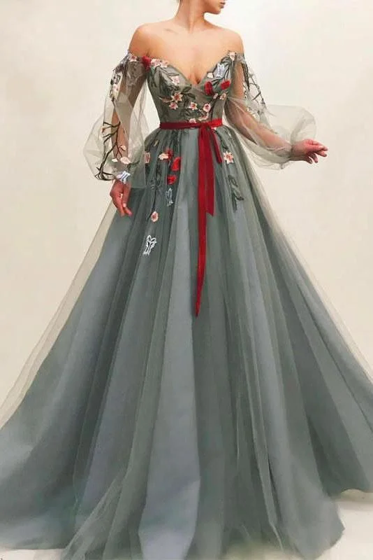 Special Price Off The Shoulder Long Sleeves A Line Tulle Long Prom Dresses With Flowers,DS4335