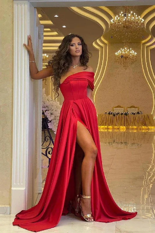 Shop and Save Sexy Off Shoulder Red Satin Evening Dress with Side Split Floor Length Party Dress,F04817