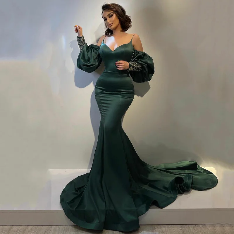 high-waisted dressElegant Hunter Green Satin Mermaid Prom Dress Sexy Sweetheart Spaghetti Straps Evening Gowns,ED5806