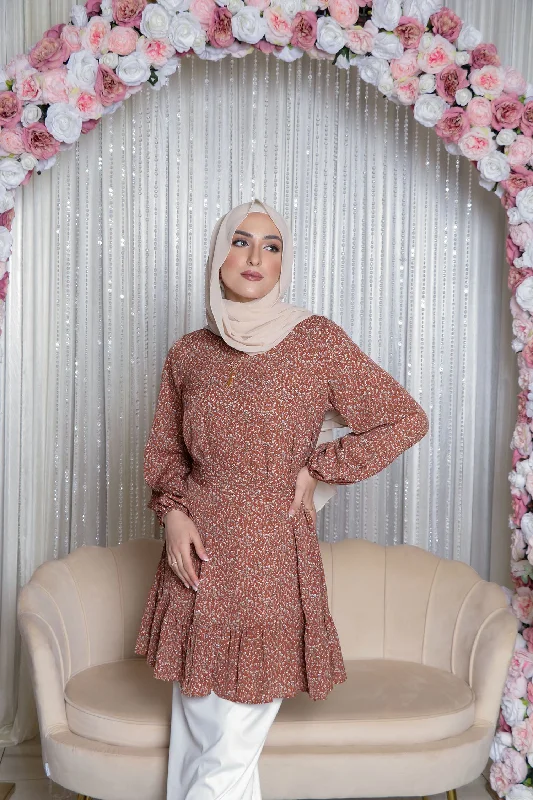 Early Bird Discount Nina Floral Balloon Top- Burnt Orange