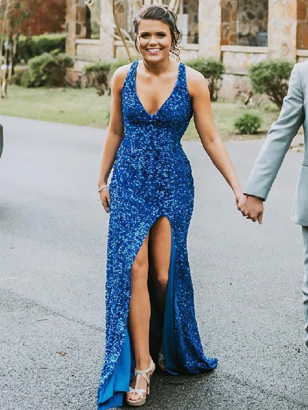 Markdown Madness Mermaid V Neck Open Back Blue Sequins Long Prom Dresses,DS4509