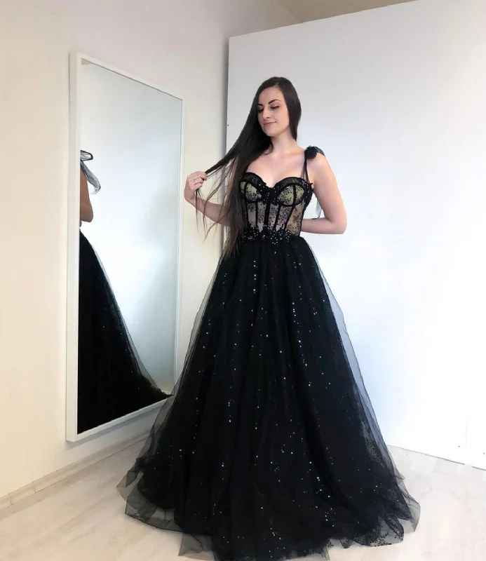 Year-End Sale Black tulle long A line prom dress evening dress,DS4585