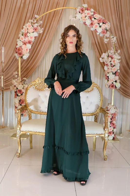 Deal of the Day Valerie Chiffon Ruffle Dress- Dark Green