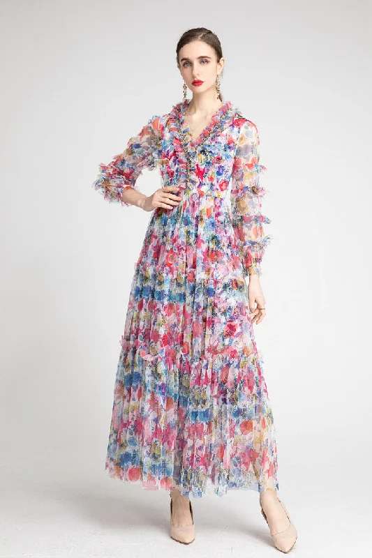Price Drop Tina Beaded V-neck Pleated Tulle Dress