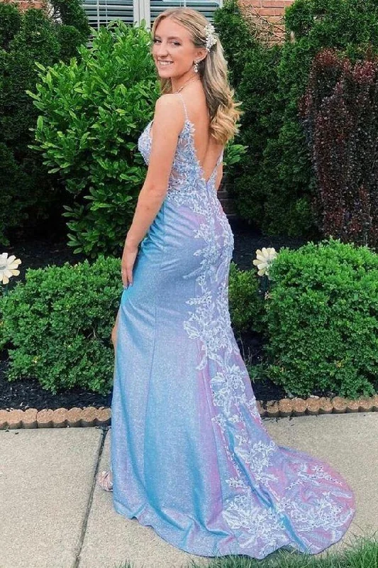 sleek dressPurple spaghetti straps mermaid long prom dress applique open back evening gown,EQ9655